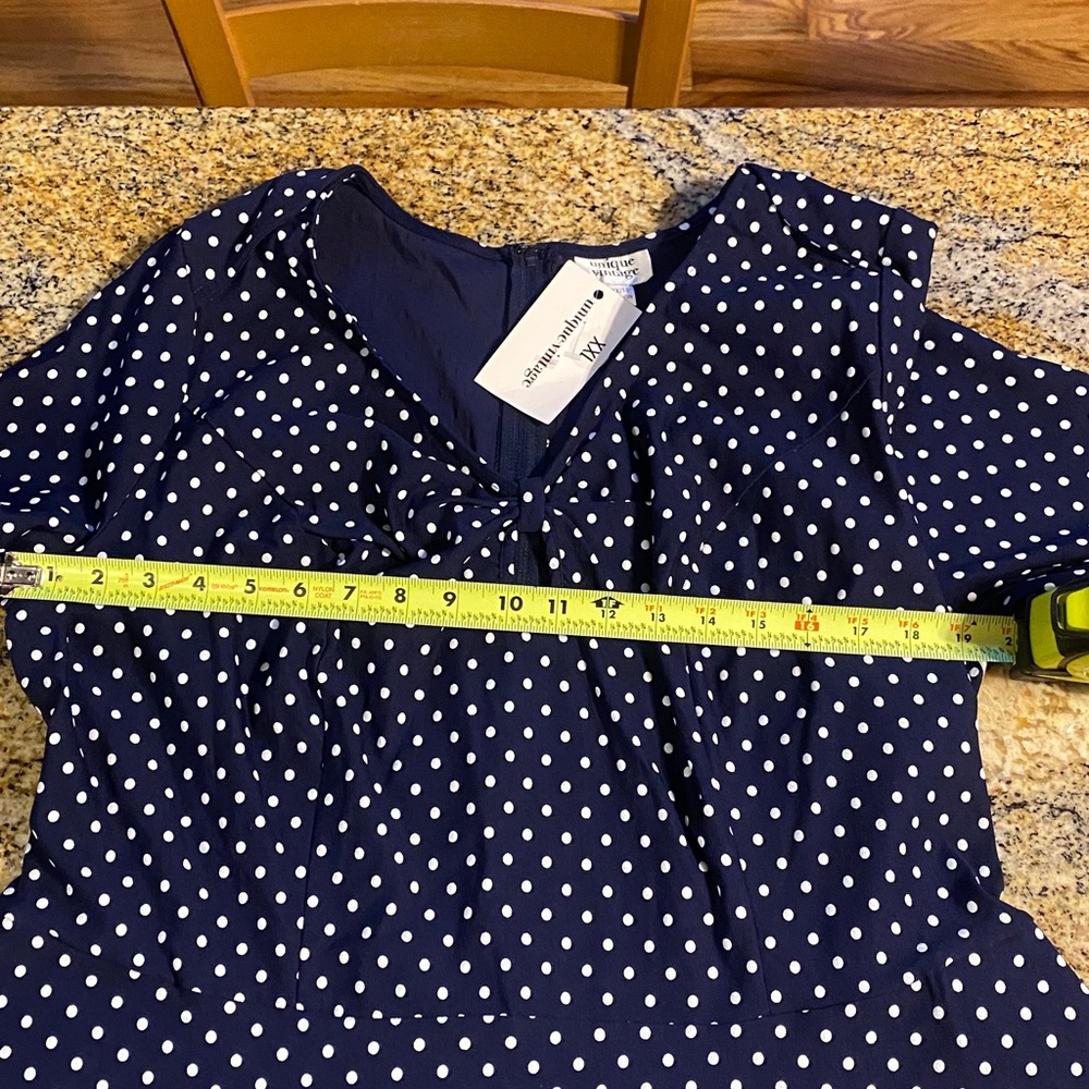 Unique Vintage Navy & White Polka Dot Long Sleeve Fit-and-Flare Dress - Picture 10 of 13